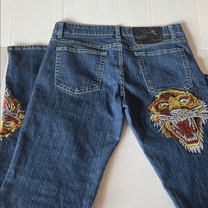 Ed Hardy x Christina Aguilera Tiger Embroidered Jeans Y2K Vintage Denim SZ 11/12